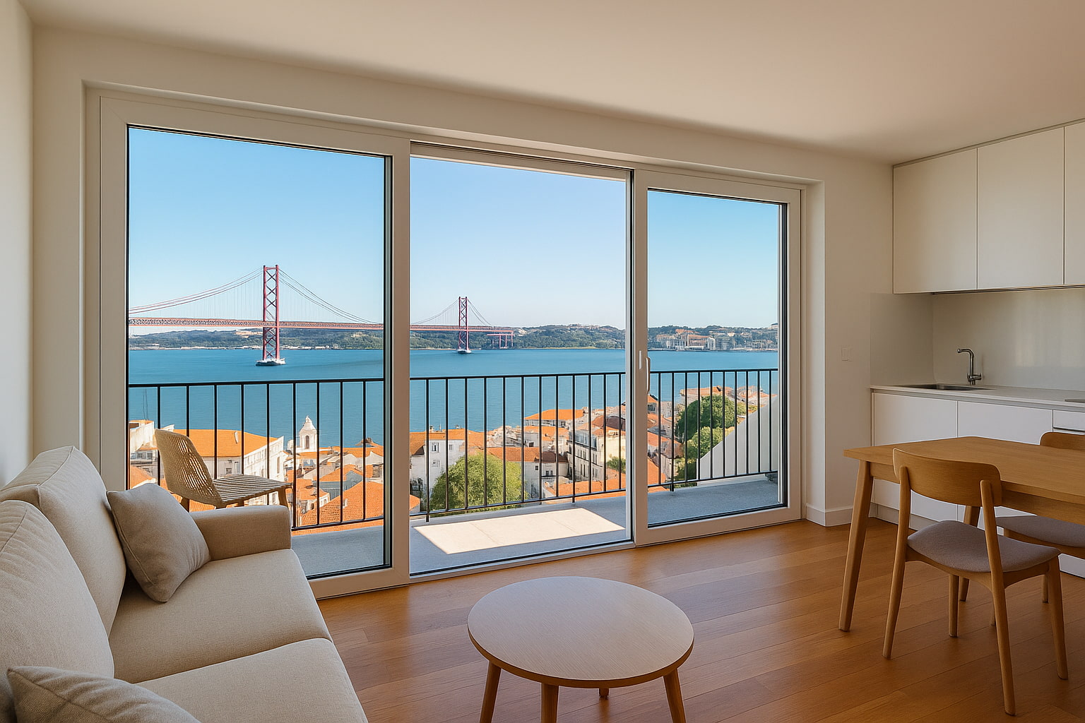 un appartement moderne avec balcon et vue sur le Tage.